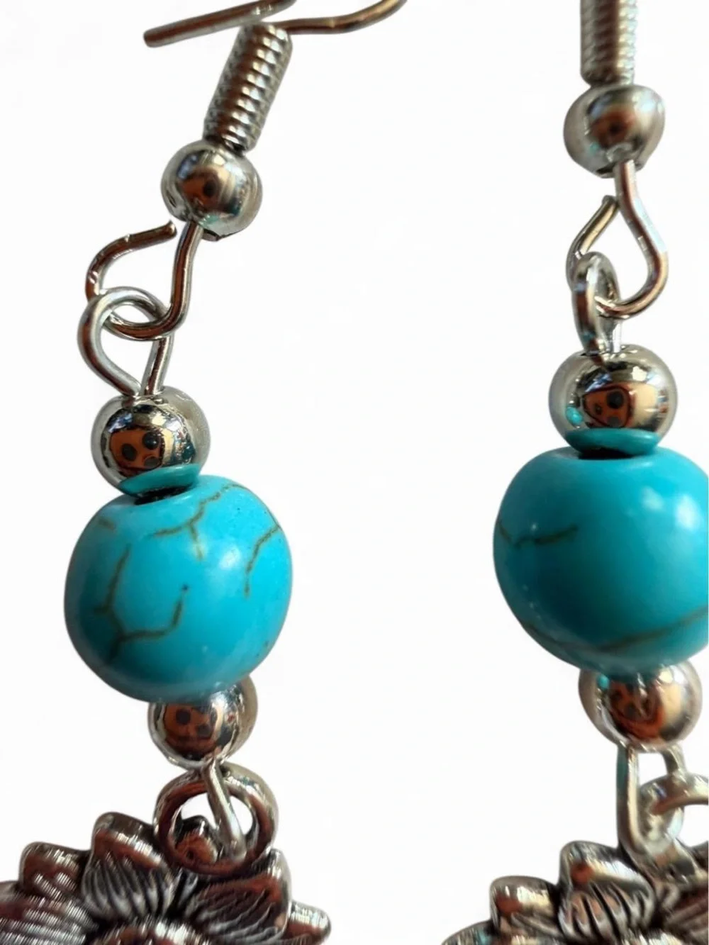 Handmade Turquoise & Silver Sunflower Dangle Drop Earrings OOAK